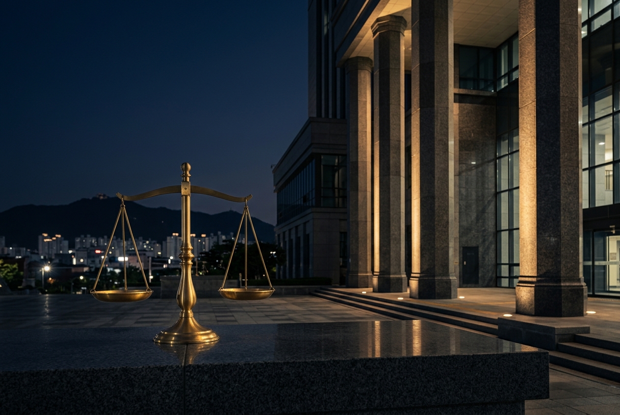 청주지방법원 — 법원 기둥과 정의의 저울, 배경에 청주 스카이라인